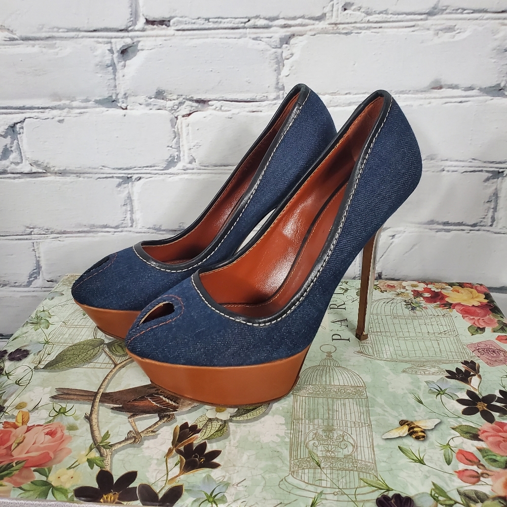 Sergio Rossi Denim Platform Peep-toe Heels